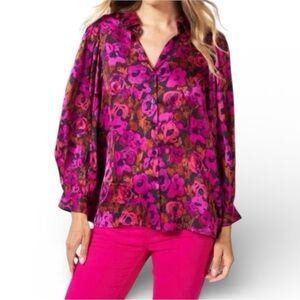 Esqualo Sorena Satin Floral Wilding Blouse Magenta Pink Coral Size 8